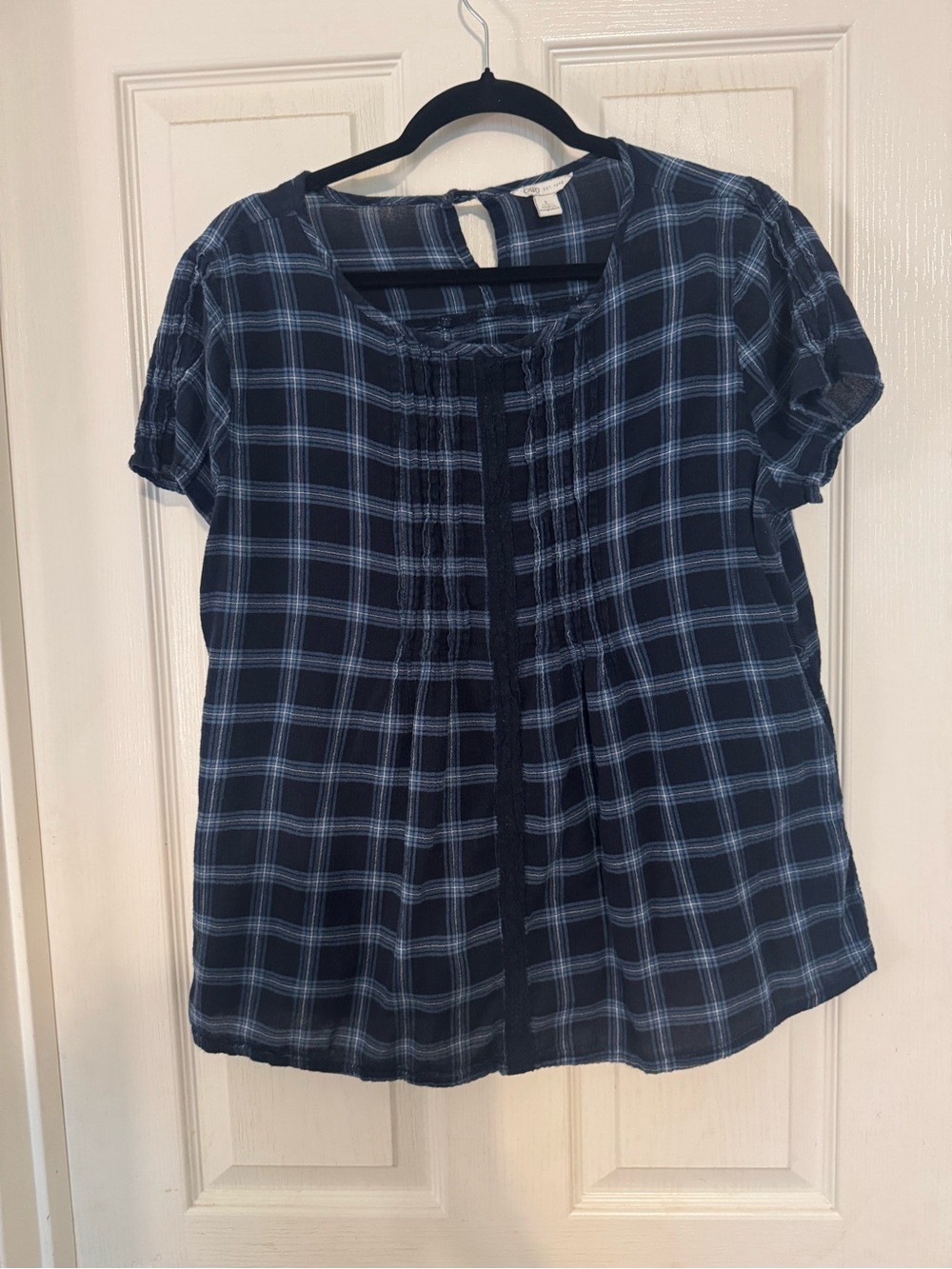 Women's Navy Plaid Short-Sleeve Peasant Top by Cato